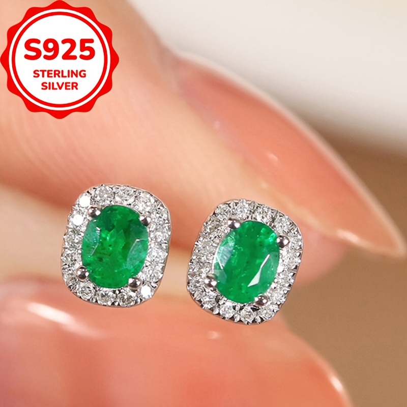 1pc s925 sterling silvery unique   emerald oval stud earrings versatile french   womens fashionable european american ear accessories   gift for her Product details 2