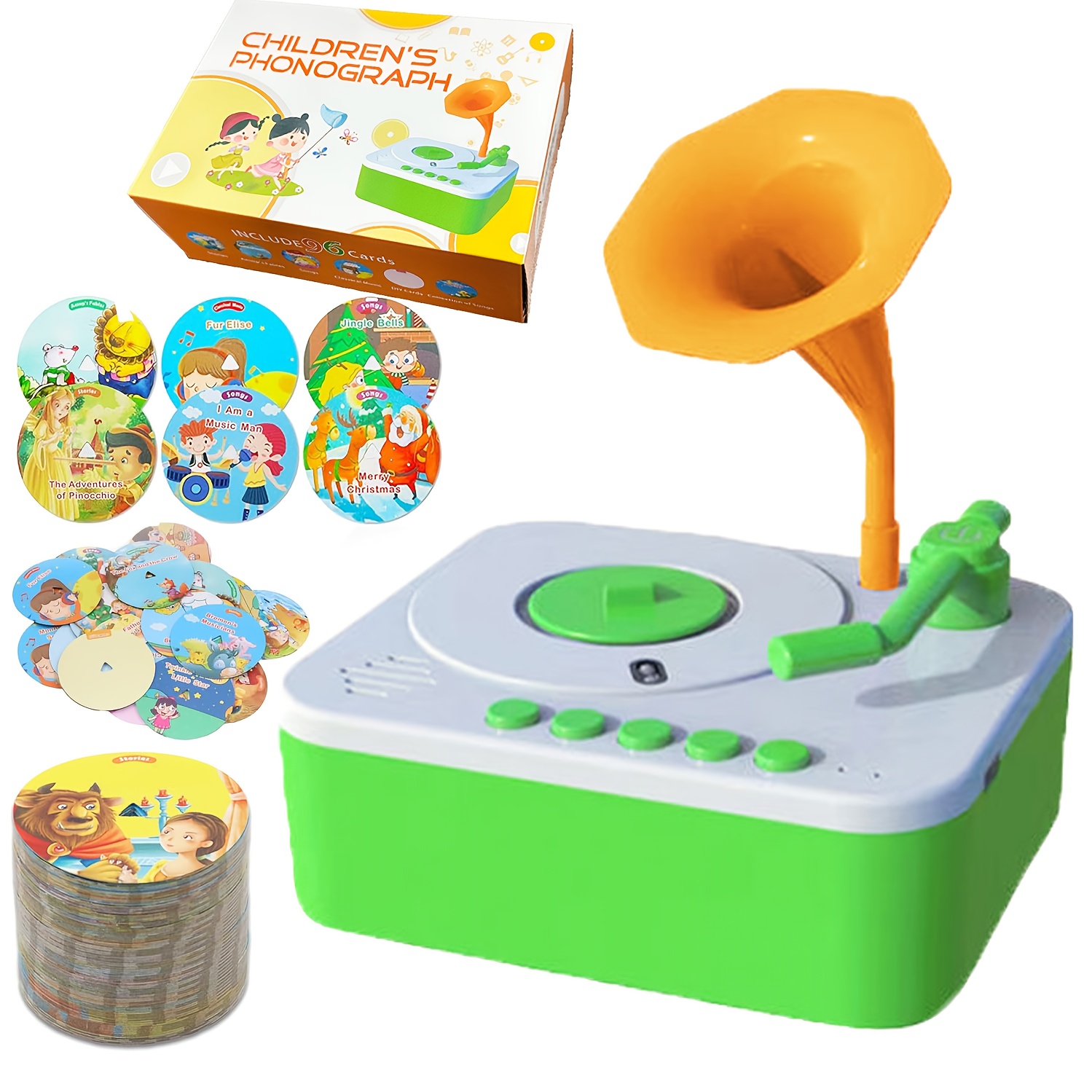 Jouet phonographe multifonctionnel avec 96 cartes d'apprentissage, lecteur de disques, machine à récits et lecteur de musique, convient aux garçons et aux filles de 3 ans et plus, jouet pour les jeunes enfants, cadeau de Noël idéal