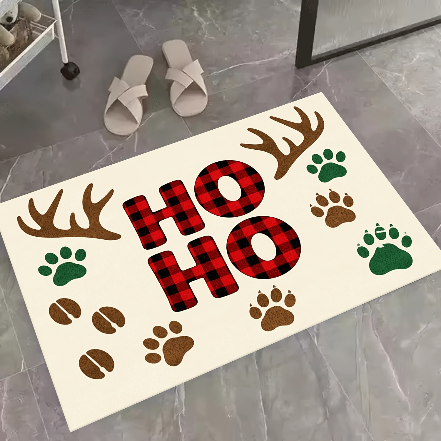 short plush bathroom non slip mat   plaid pattern with antler   and coffee beans machine washable soft and durable suitable for bathroom doorway bedroom dining room living room and office decor home decoration holiday gift