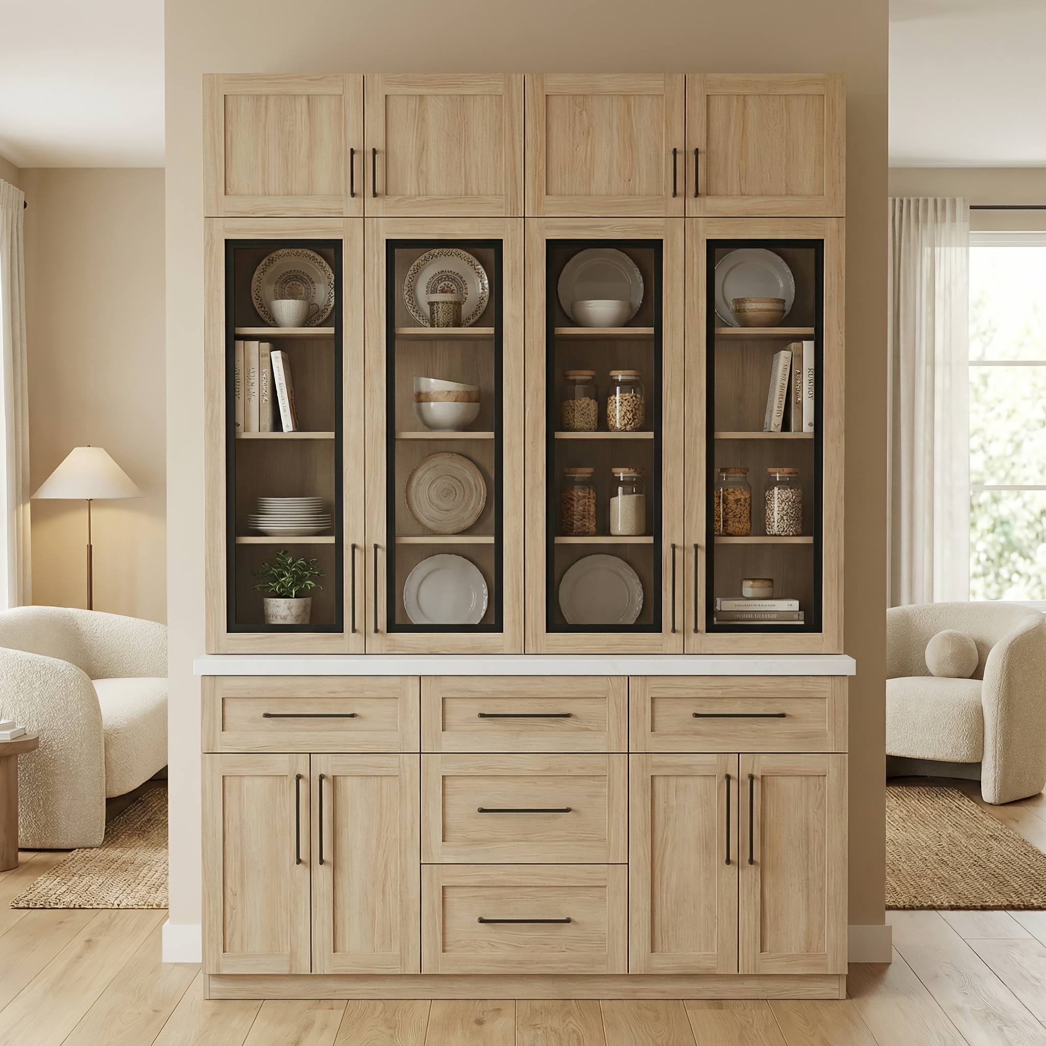 102.4" Modern Kitchen Pantry with LED Lights & Glass Doors