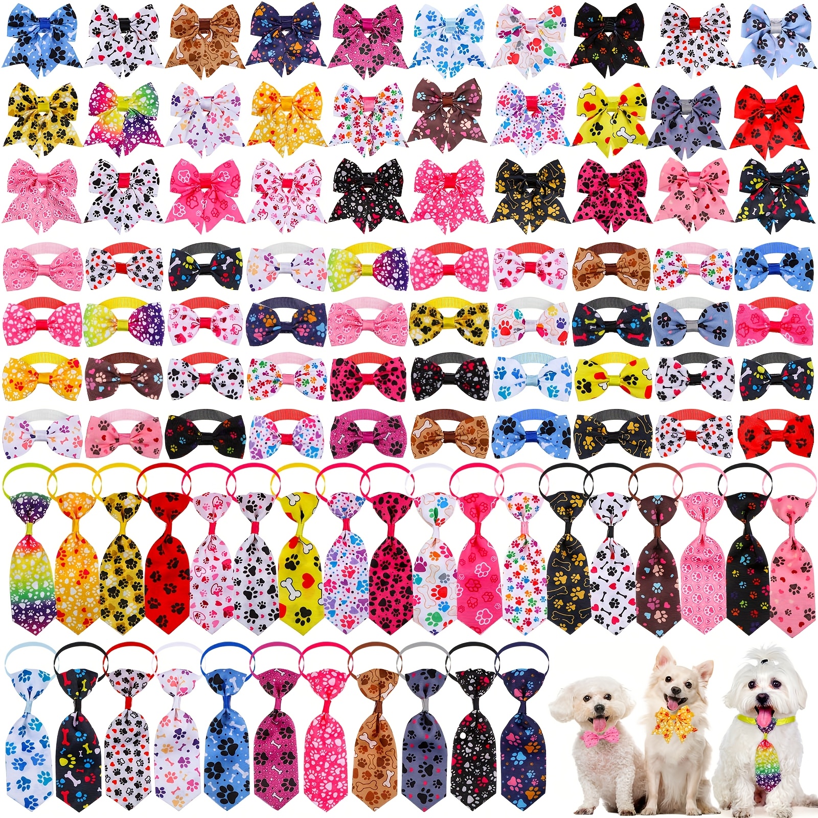 TEMU 100pcs Dog Bow Tie Collar Set 40 Dog Neckties, And 30 Puppy Bowties, 30 Collar Flowers, Adjustable Pet Ties Grooming For Small Medium Cats Pets Supply (paw Bone)