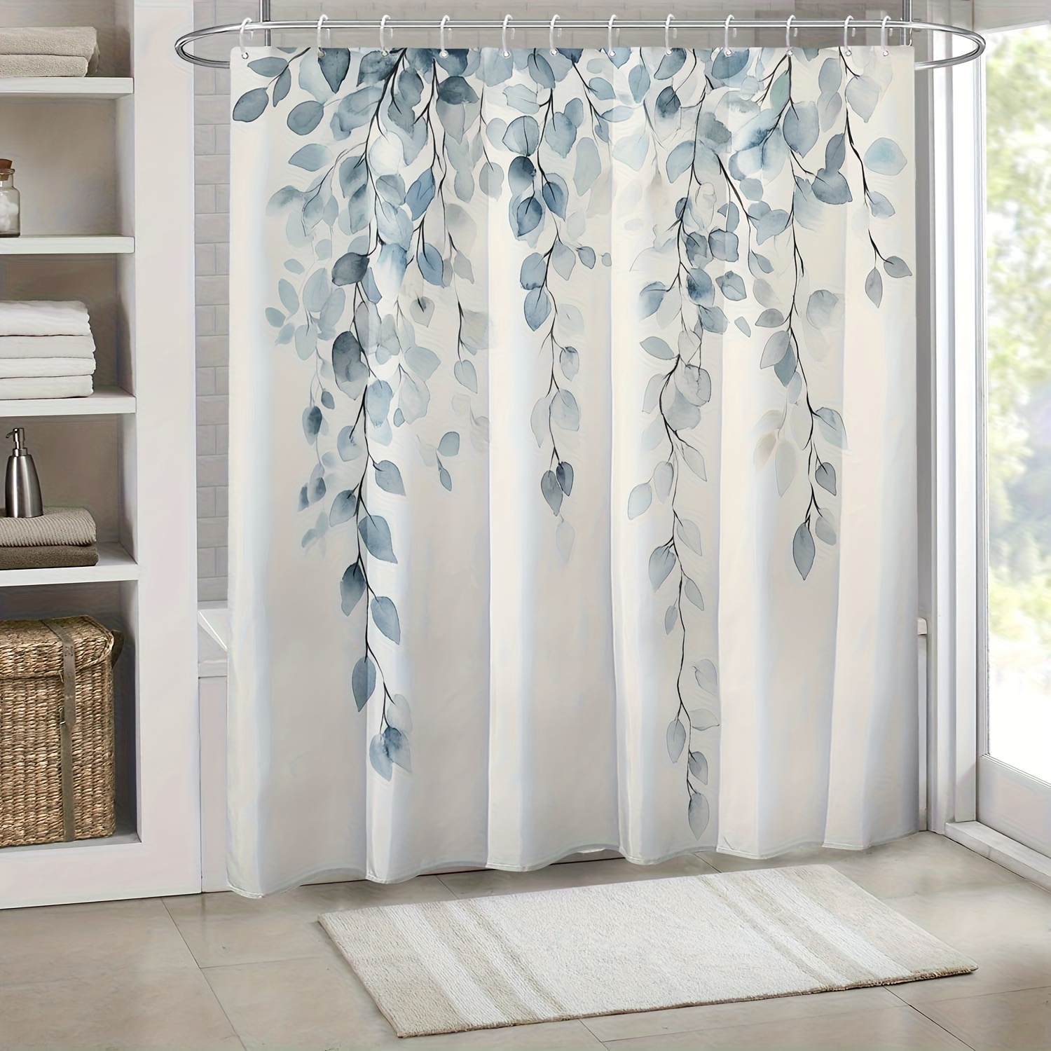 TEMU 1pc Branch Leaf Print Shower Curtain, Nordic Style Bathroom Home Decor With Plastic Hooks Suitable For Machine Washable Window Curtain Bathroom