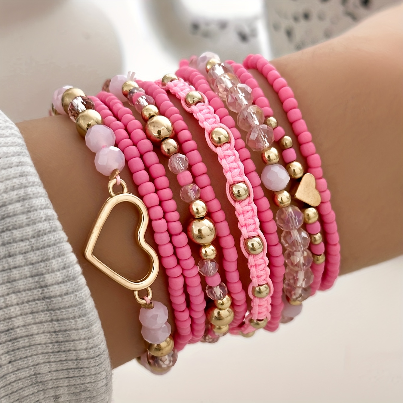 Image of 10pcs Set: Woven Beaded Stackable Bracelet Set, Cute And Sexy Pink Mother's Day Holiday Gift Set With Paper Card