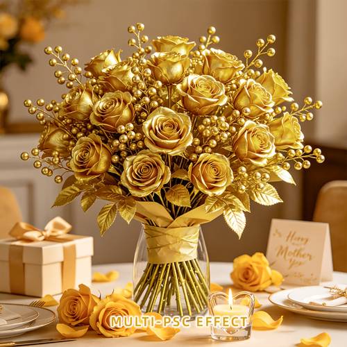 12pcs high quality artificial simulation gold plated bouquet combination realistic texture artificial rose suitable for home table decoration balcony shop window display wedding courtyard garden floral decoration