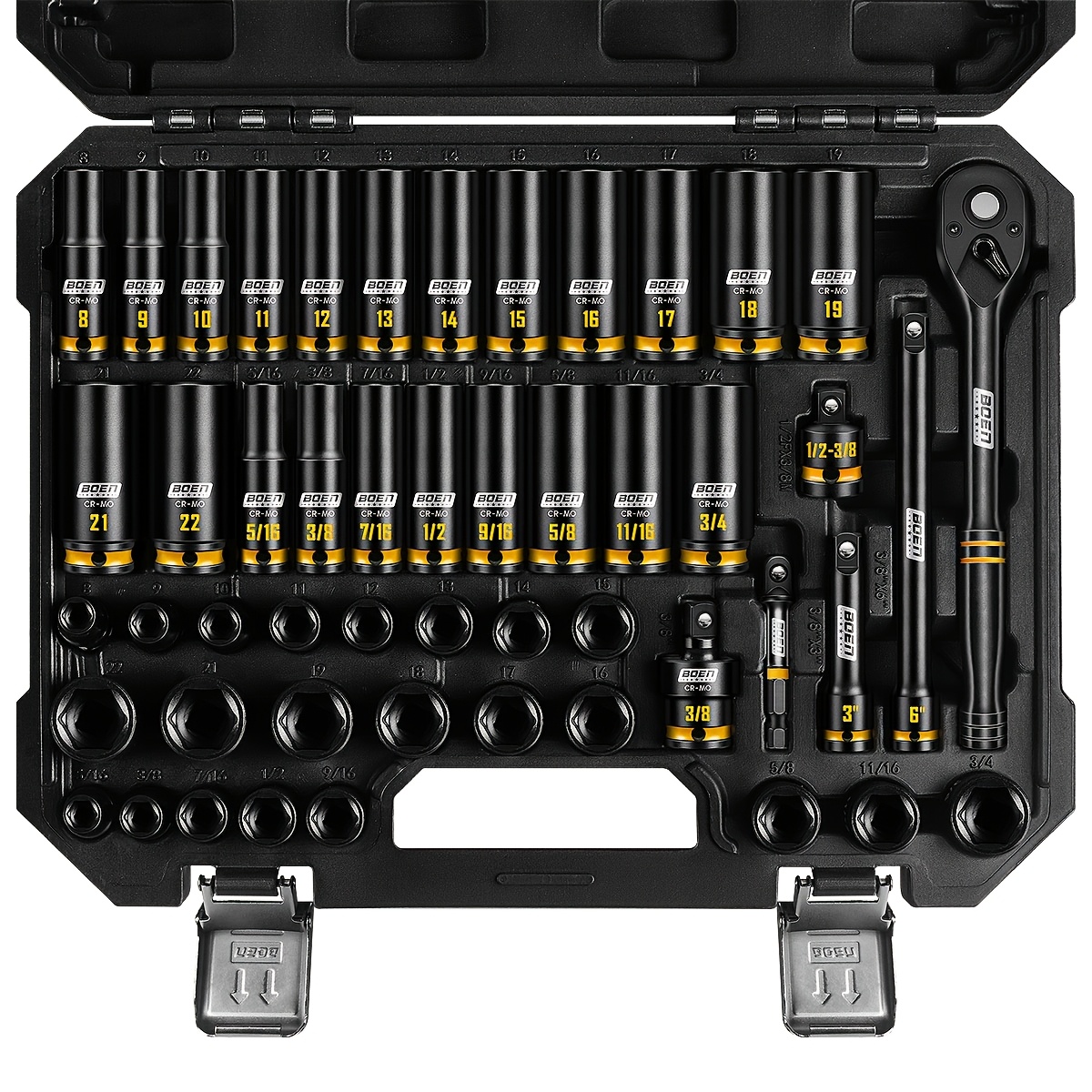 50pcs 3/8 Inch Drive Impact Socket Set, Sae 5/16"-3/4" And Metric 8-22mm, 6 And Shallow Sockets, Cr-mo With Yellow Embossed Size Marking