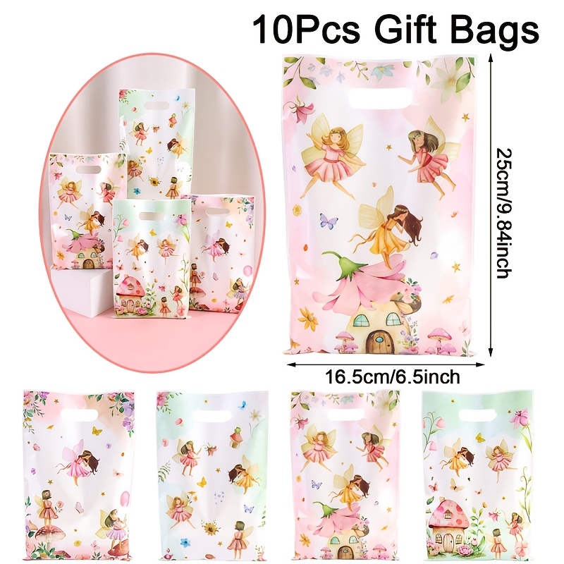 Image of 10/20/50pcs Fairy Gift Bags, 4 Designs A Pink Green Plastic Treat Bags With Handles, Floral Reusable Party Favor Bags, Fairy Theme Birthday Party Supplies, Gift Packaging Bags