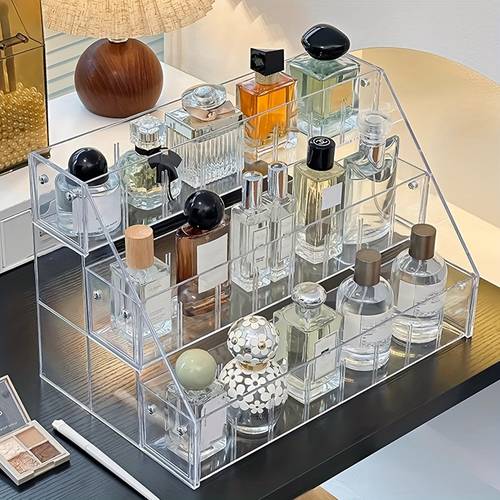 منظم عطور أكريليك أنيق - رف عرض متدرج متعدد الطبقات لمستحضرات التجميل ومنتجات العناية بالبشرة، حل تخزين طاولة الزينة ال مع أرفف واسعة