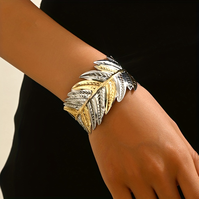 

Elegant Leaf Design Open Cuff Bracelet For Women, Two-tone Plating, Iron Material, No Mosaic, Versatile For Daily Wear And Parties - All Seasons Compatible