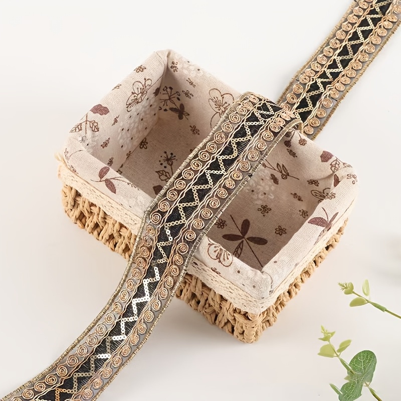 TEMU 2-yard 4cm Ethnic Vintage Elastic Trim With Sequin Embroidery Ribbon, Suitable For Sewing Garment Decorations, Lace Trims, And Similar Uses