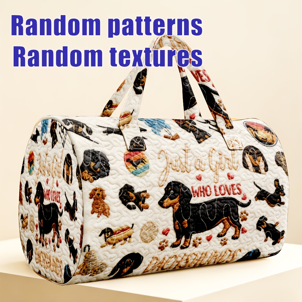 TEMU 1pc Dachshund Slogan Heart Pattern Quilted Boston Handbag, Style, Suitable For Love Dachshunds, Large Capacity For Overnight Short Trips,