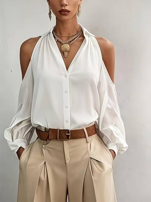qd260115185 womens elegant off shoulder solid color blouse commuting and dating lapel long sleeve shirt