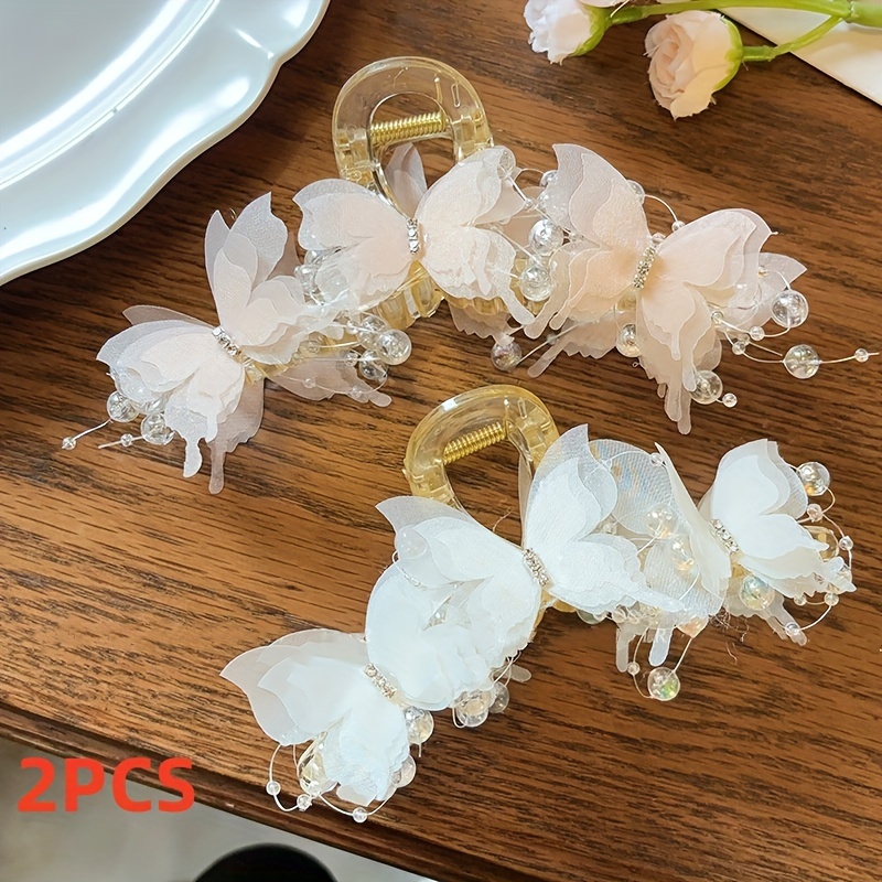 TEMU 2-piece Large Pink White Beaded Hair Claw Clips For Women, Elegant Sweet Fairy Hair Clip, Accessory, Holiday Wedding Party Wear