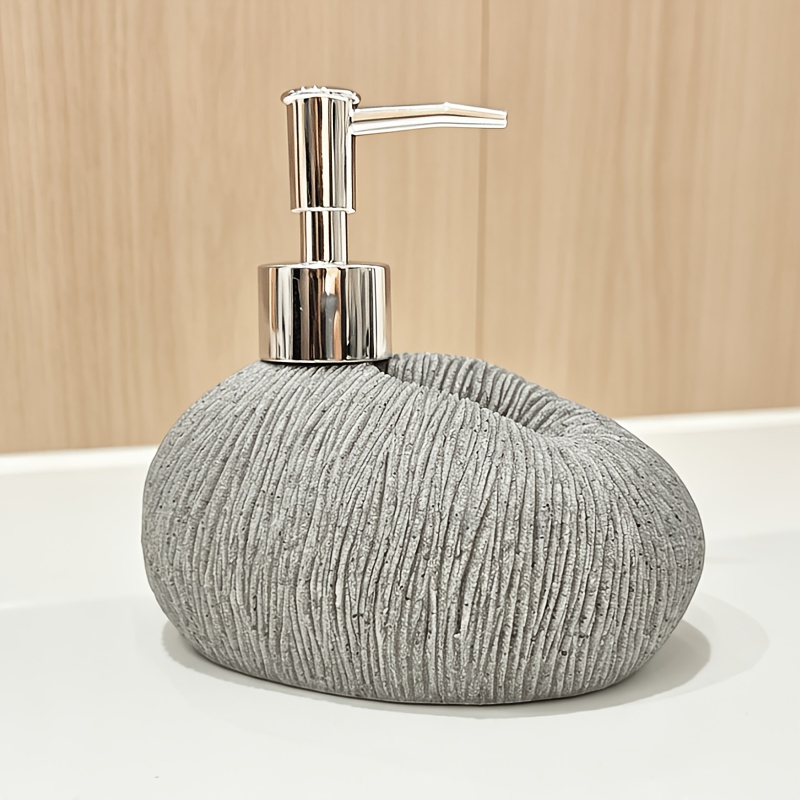 Wabi-Sabi Stone Shape Liquid Soap Dispenser, Ribbed Textured Refillable Lotion Pump Bottle, Decorative Hand Soap Dispenser for Bathroom Kitchen Countertop, Gray/Beige
