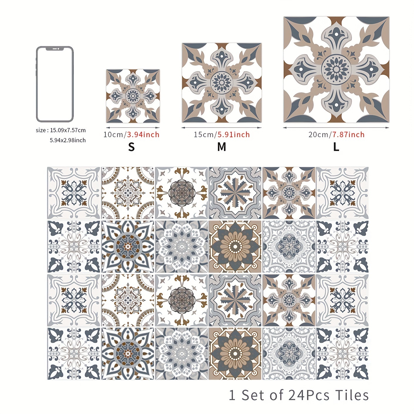 Image of 24pcs/set, European Retro Style Self-adhesive Tile Stickers, Kitchen Waterproof And Oil-proof Wall Stickers, Used In Living Rooms, Kitchens, Stairs