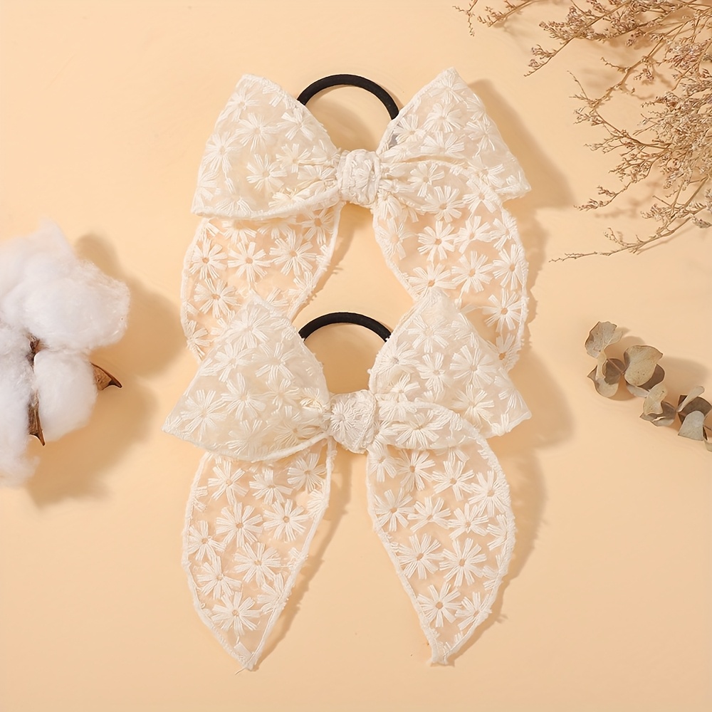 Set Of 2 Bohemian Style Solid Color Lace Bow Hair Ties, Elegant Additions For
