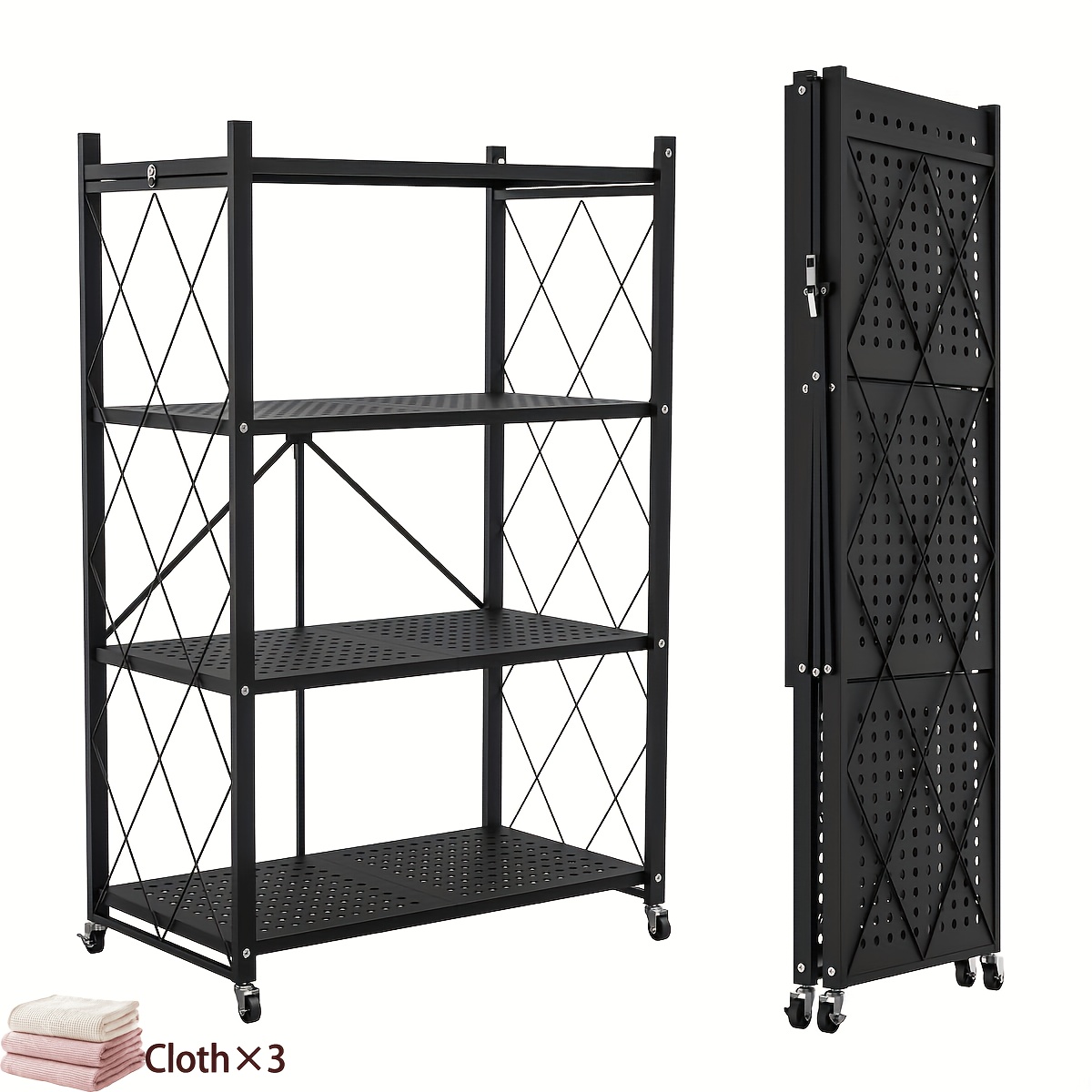 TEMU 4-tier Folding Storage Rack With Wheels, Suitable For Restaurant, Kitchen, Garage Golden Metal Shelf - Commercial - Tableware Storage, Garage