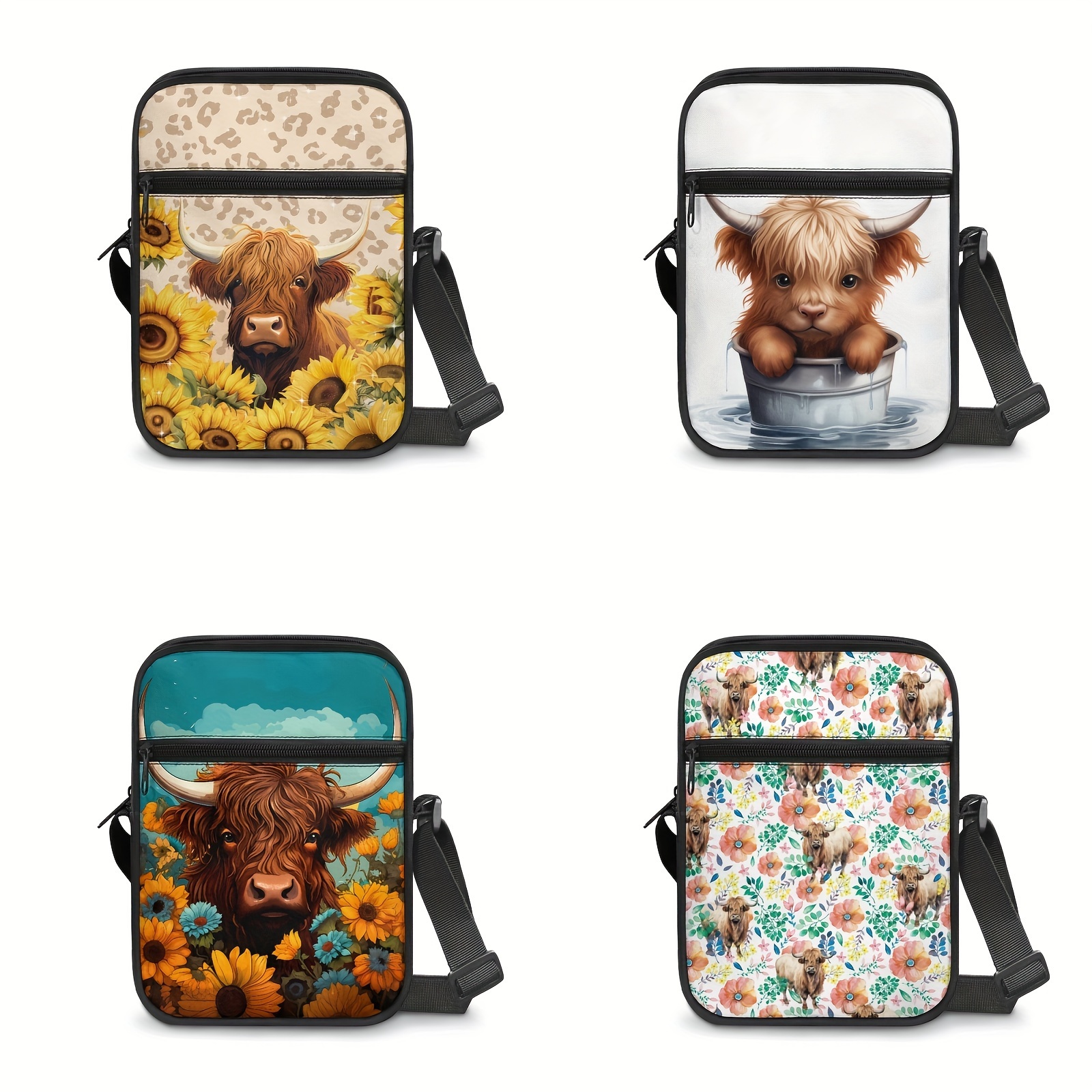 

Highland Cow Print Messenger Bag With Adjustable Strap, Double Layer Shoulder Bag, Ideal For Daily Use