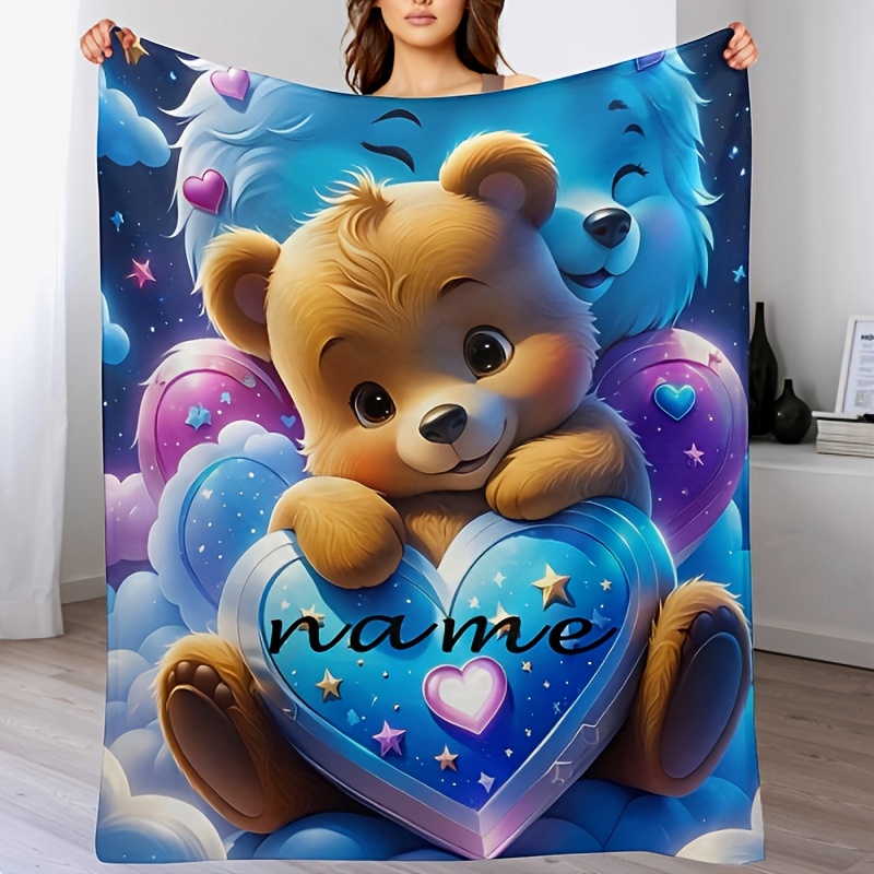 

1pc Cozycuddle Personalized Teddy Bear Polyester Flannel Throw Blanket - Custom Name, Square Knit Fabric, Soft Warm Gift For Family & Friends - Ideal For Napping, Camping, Travel