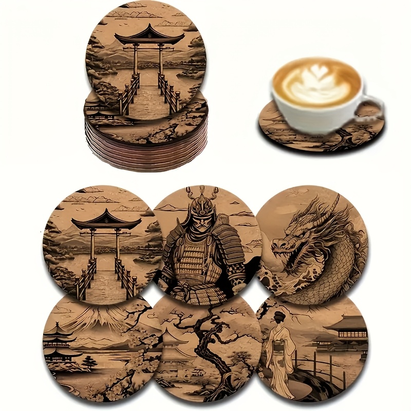 Image of 6pcs Japanese And Cherry Pattern Wooden Coaster Set With Traditional Torii Gate And Design, Suitable For Tea, Coffee, And Beverages, Perfect For Home Office Decor And Housewarming Gifts
