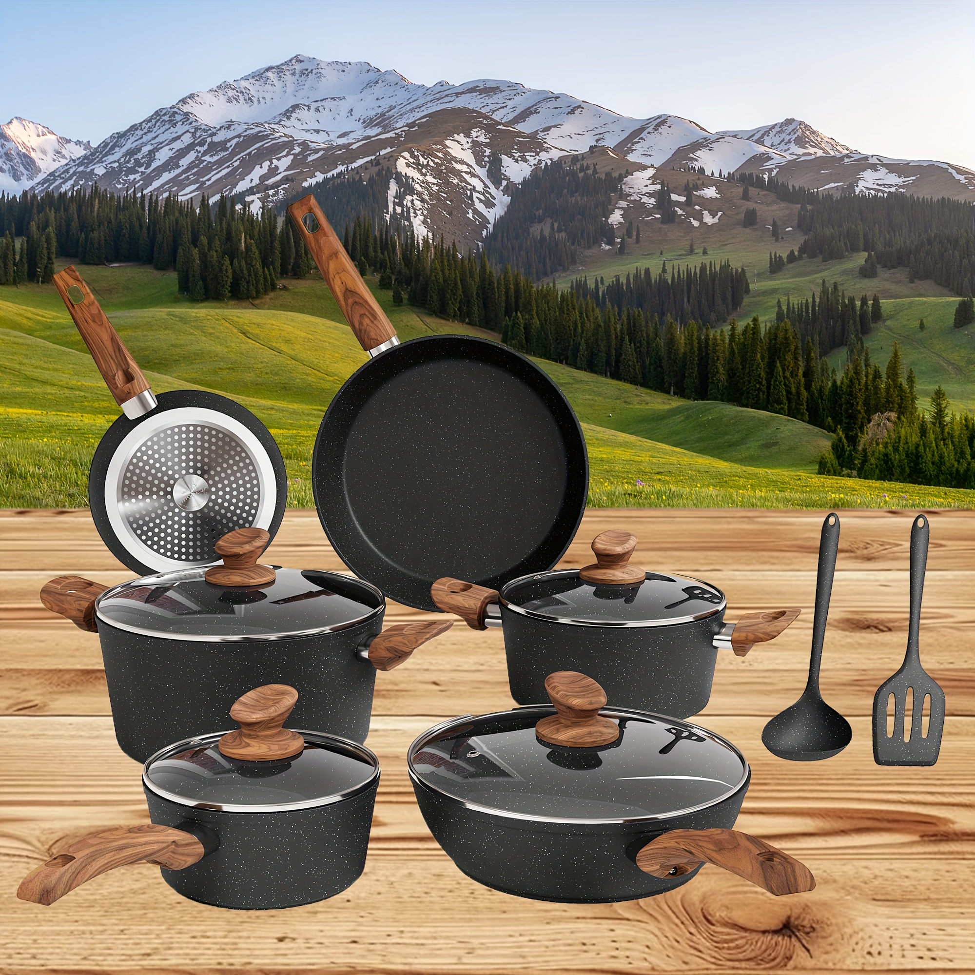 

Mix Patio Induction Cookware Sets - 12 Piece Cooking Pan Set, Granite Nonstick Pots And Pans Set (grey, Black, Green)