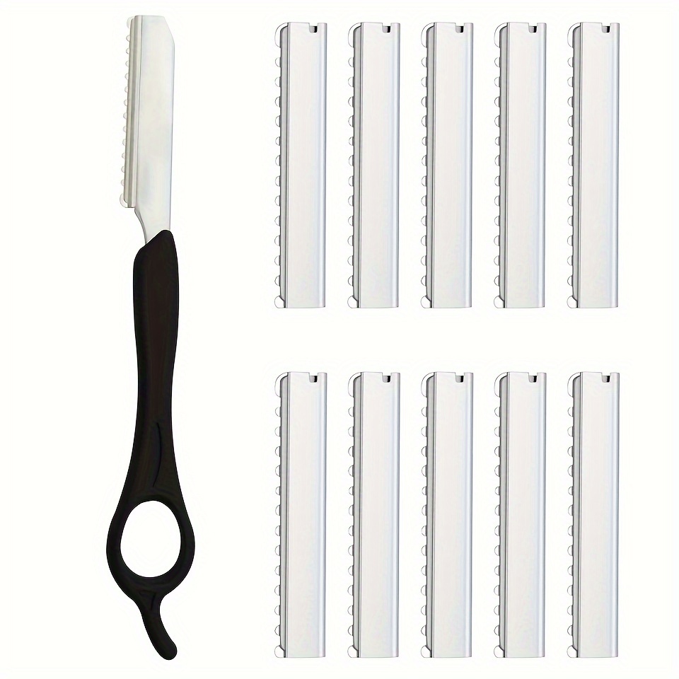 Image of Professional Hair Styling Thinning Texturizing Cutting Faether Razor + 10 Replacement Hair Styling Razor Comb - 11pcs Hair Thinning Comb With Replacement Stainless Steel Razors For Salon Home Use