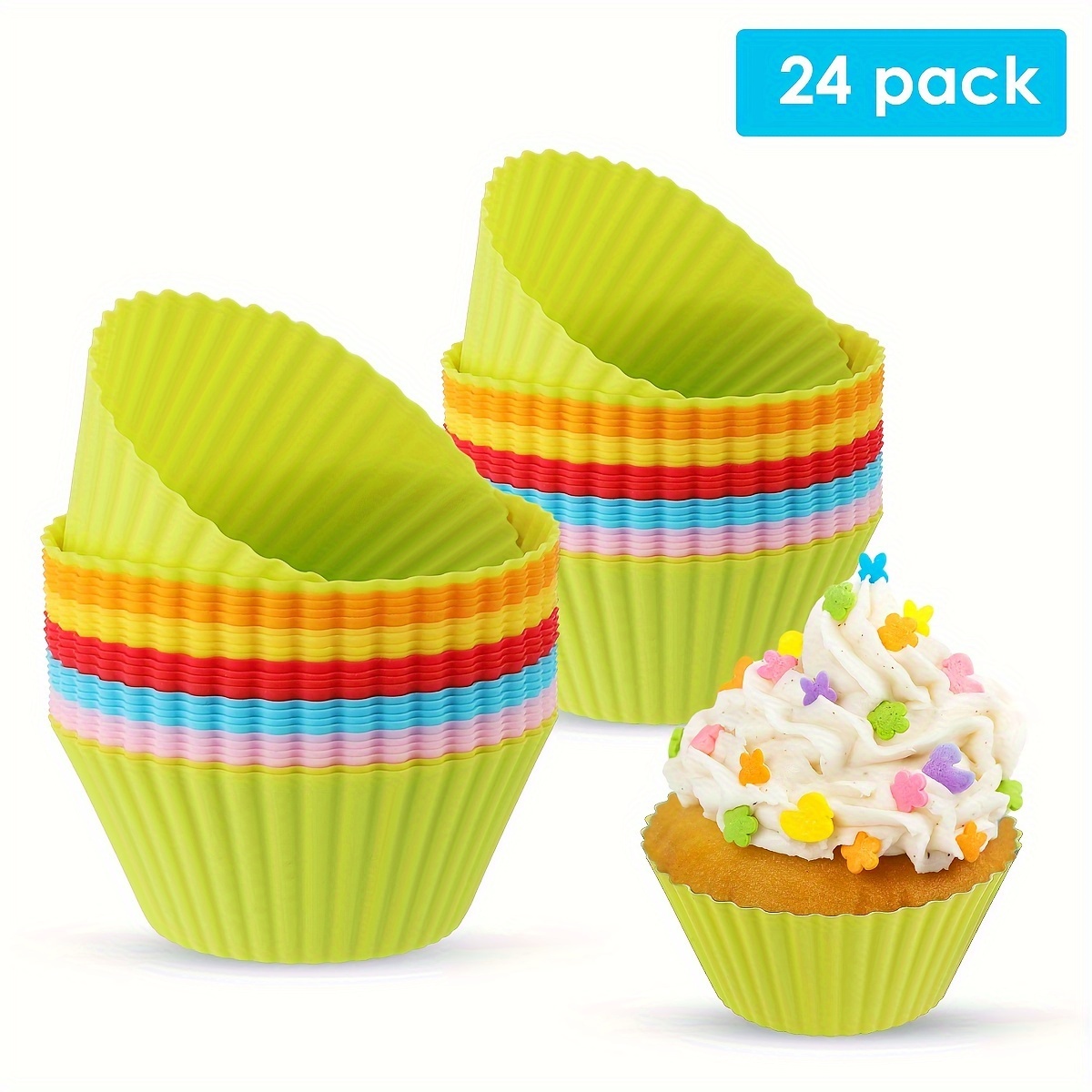 

24 Count, Colorful Silicone Muffin Cups - Round Non-stick Reusable Cupcake Liners - Great For Baking And Decorating - Kitchen Gadgets & Accessories