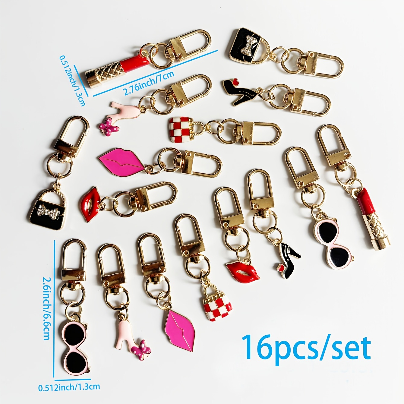 TEMU 16pcs Of Lipstick Bag Keychains, Women's Key Ring Keychains, Lipstick Checkered Bag High Heel Charms, Alloy Material Keychains, Women's Fashion