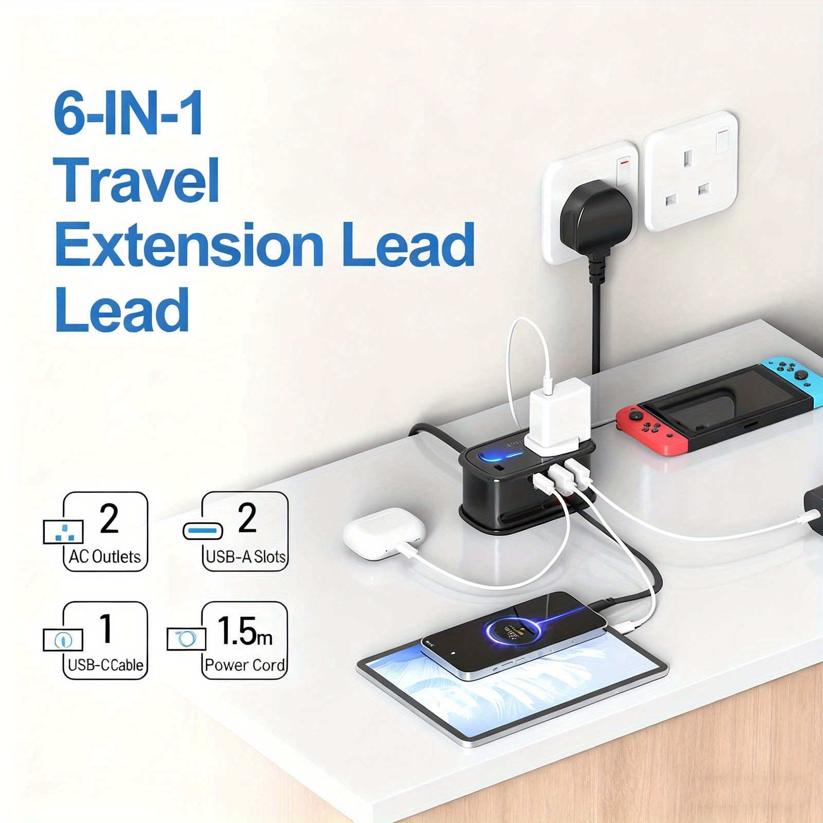 TEMU Travel Extension Lead, Fdtek Power Strip With Retractable Usb C Cable, 2 Way Power Socket With 3 Usb Ports (1 Usb C), 1.5m Extension Cable Cords