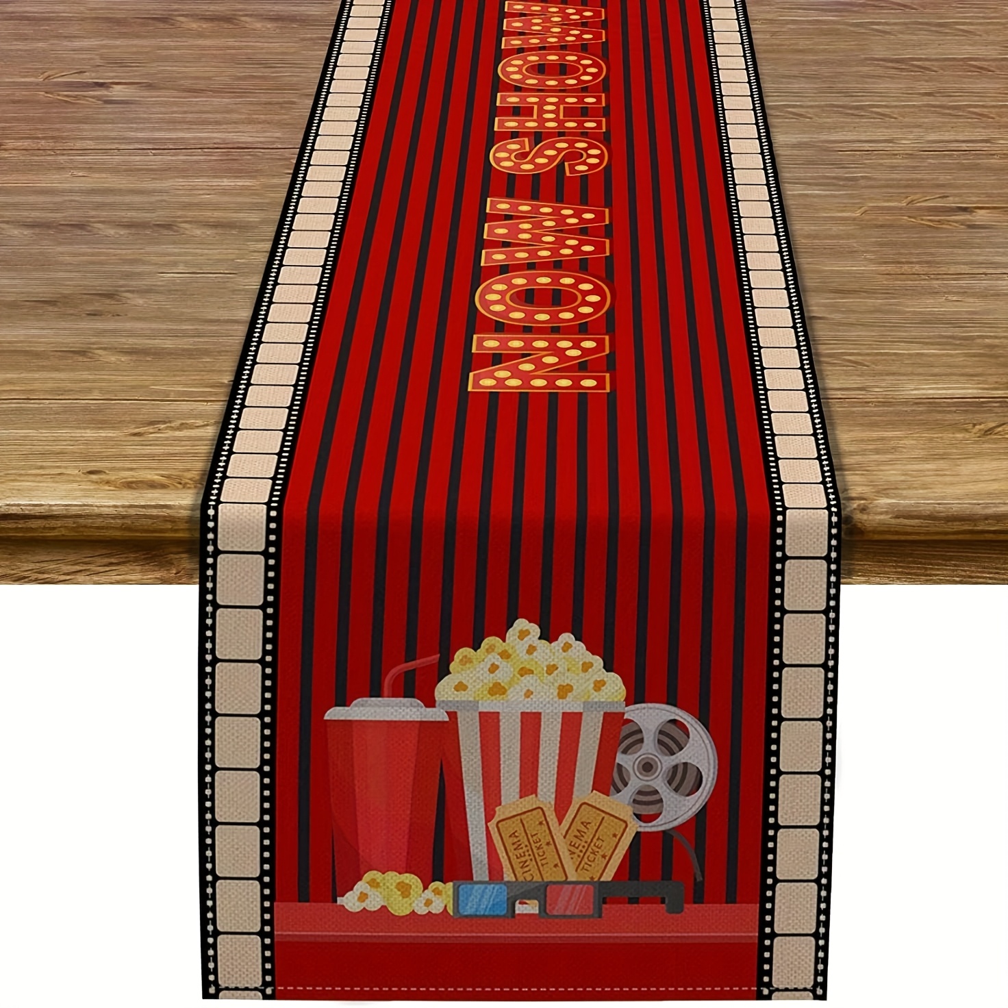 

1pc Movie Linen Table Runner, Woven Rectangular Table Decor, With Popcorn, Ticket, And Design, For Dining, Kitchen, And Home Party Decoration