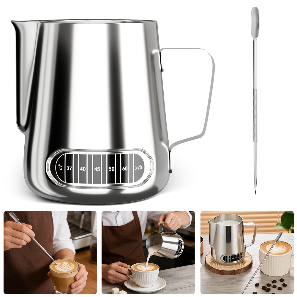 TEMU 600ml Stainless Steel Milk Frothing Pitcher, A Barista Tool With Temperature Control For Perfect , Suitable For Coffee Shop Additions (silvery