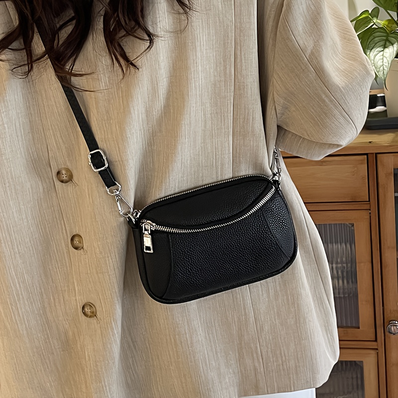 Image of Vintage-style Minimalist Small Square Bag With Adjustable Shoulder Strap, Double Zipper Shoulder Bag, Genuine Leather Women's Shoulder Bag, Suitable For Daily Commuting, Travel, And Formal Occasions