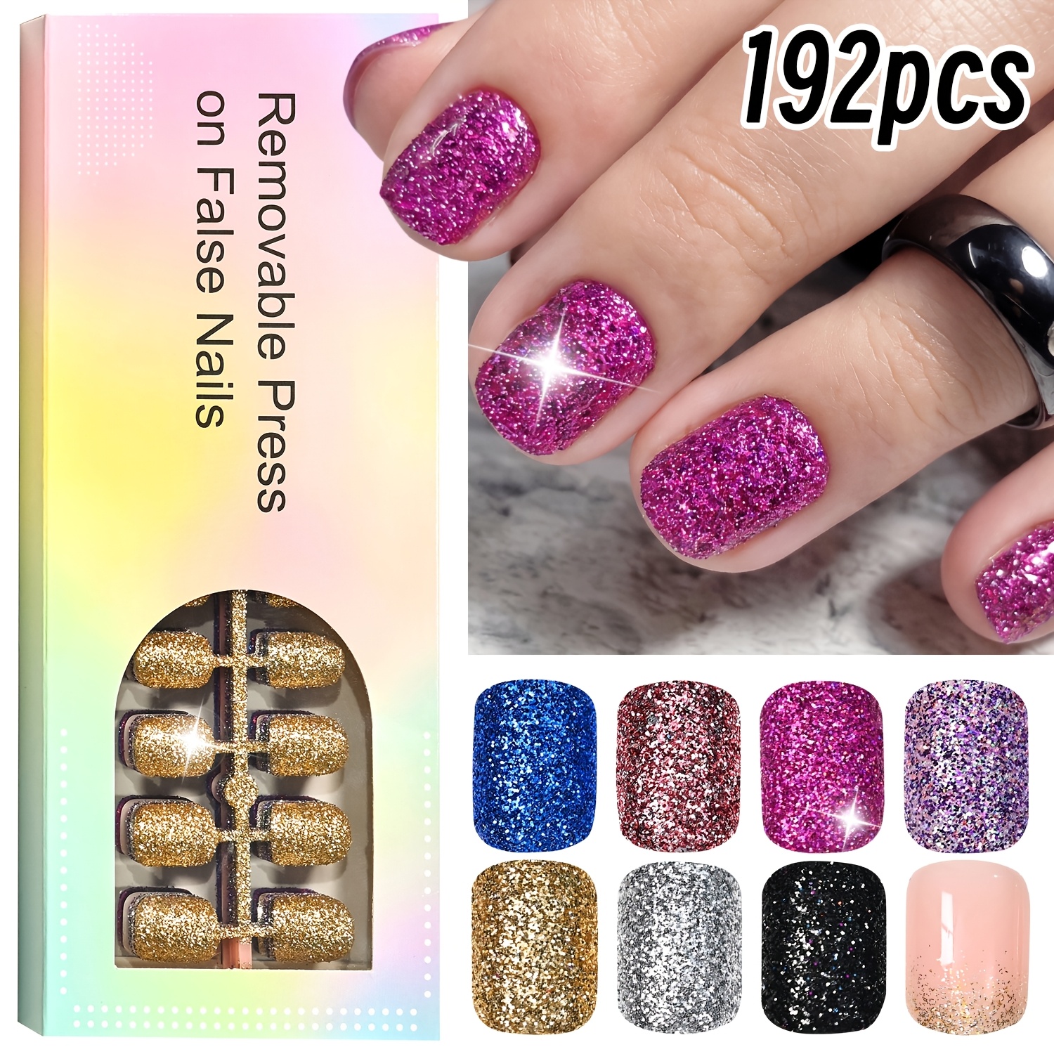 TEMU 192pcs Short Square Glitter Press-on Nails, 8 Colors Solid Nude Black Golden Silvery Purple Shiny Glitter Full Cover False Nail Tips, Glossy
