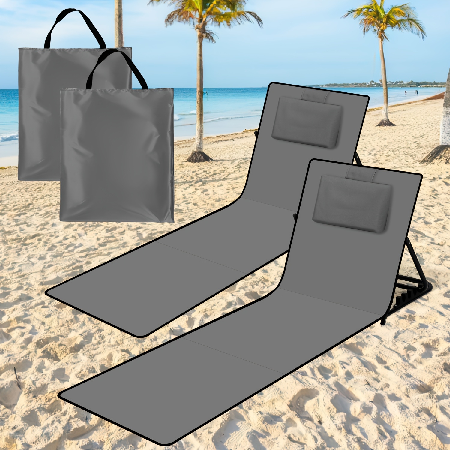 2 Foldable Lounge Chairs With Adjustable Backrests (5 ), Carrying Bag, And Storage Space; Includes Built-in Cushions; Ideal For The Beach, Garden, And Patio; 145cm Long; Dark Gray/light Gray