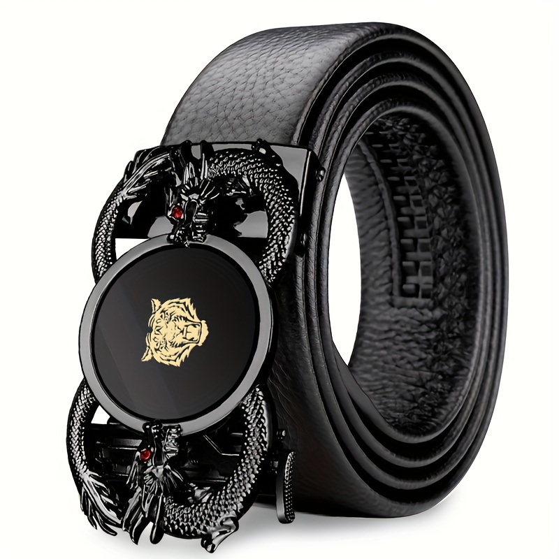 

1pc Men's Leather Belt With Automatic Buckle - Exquisite Alloy Dragon And Tiger Design