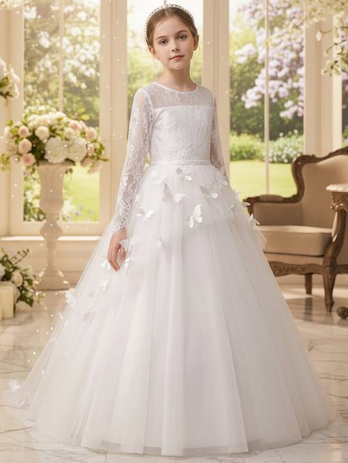 girls white lace long sleeve train girl gown for weddings piano and birthdays