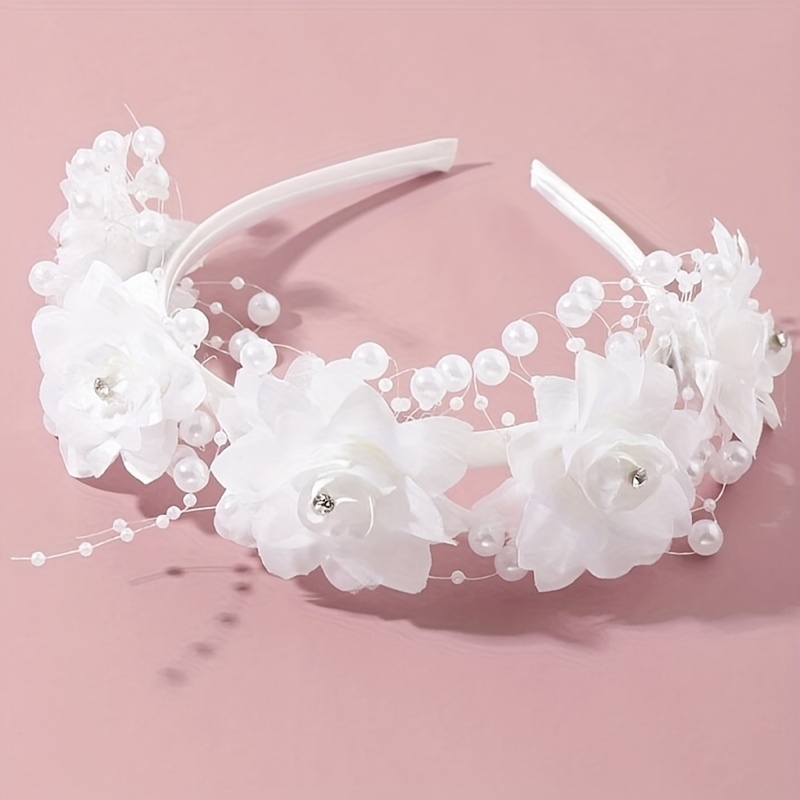 Image of 1pc Elegant Floral Beaded Headband With & Accents - White Polyester Hair Accessory For Teens & Adults, Ramadan Easter Outdoor Formal Events, Wear