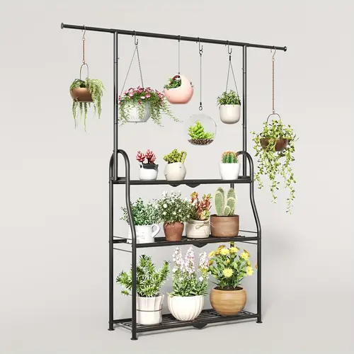 plant stand 3 tier moveable tall corner hanging plant rack for indoor outdoor black heavy duty metal multiple plant shelf holder for garden room