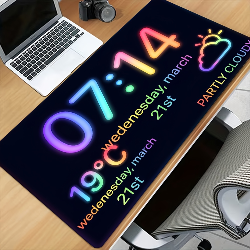 TEMU 1pc Neon Clock & Digital Desk Mat With Non-slip Base - Colorful Temperature/date/weather Display Mouse Pad Suitable For Office, Gaming,