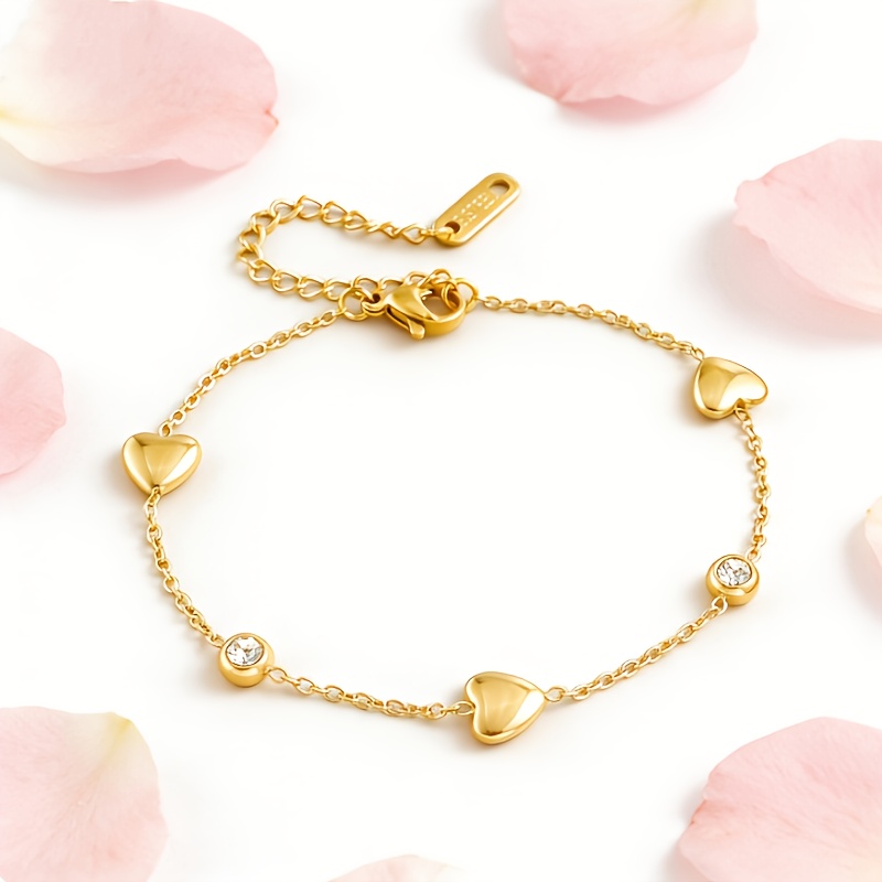 TEMU Bracciale a forma di cuore in acciaio inossidabile con strass, moda europea e americana, facile, elegante, , , versatile per delle donne, feste,