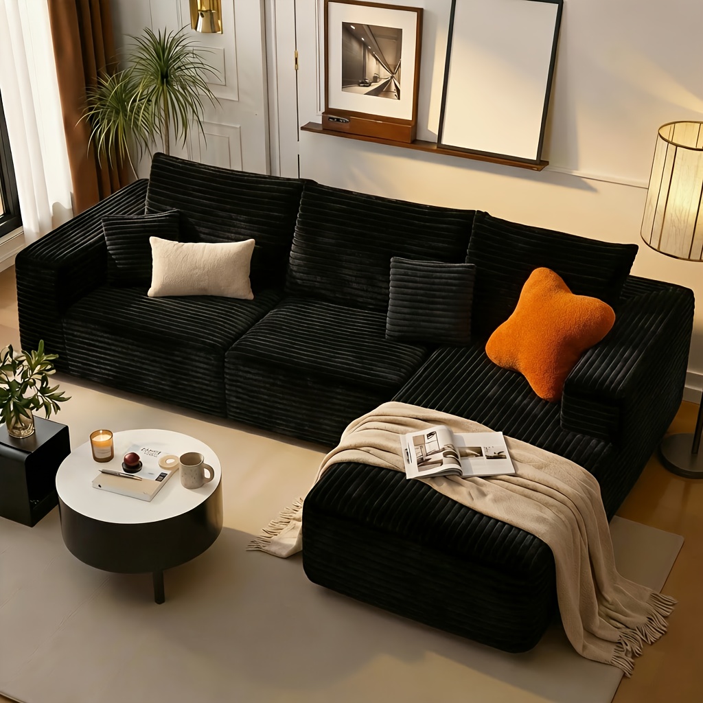 Oversized L-Shaped Couch With Chaise | Liaroo Minimalist Compressed Boneless, No Assembly Required, Modular Cloud Sectional, Right Facing Chaise, Plush Corduroy Fabric, Pillow-Back, Living Room Decor & Additions [Free Shipping]