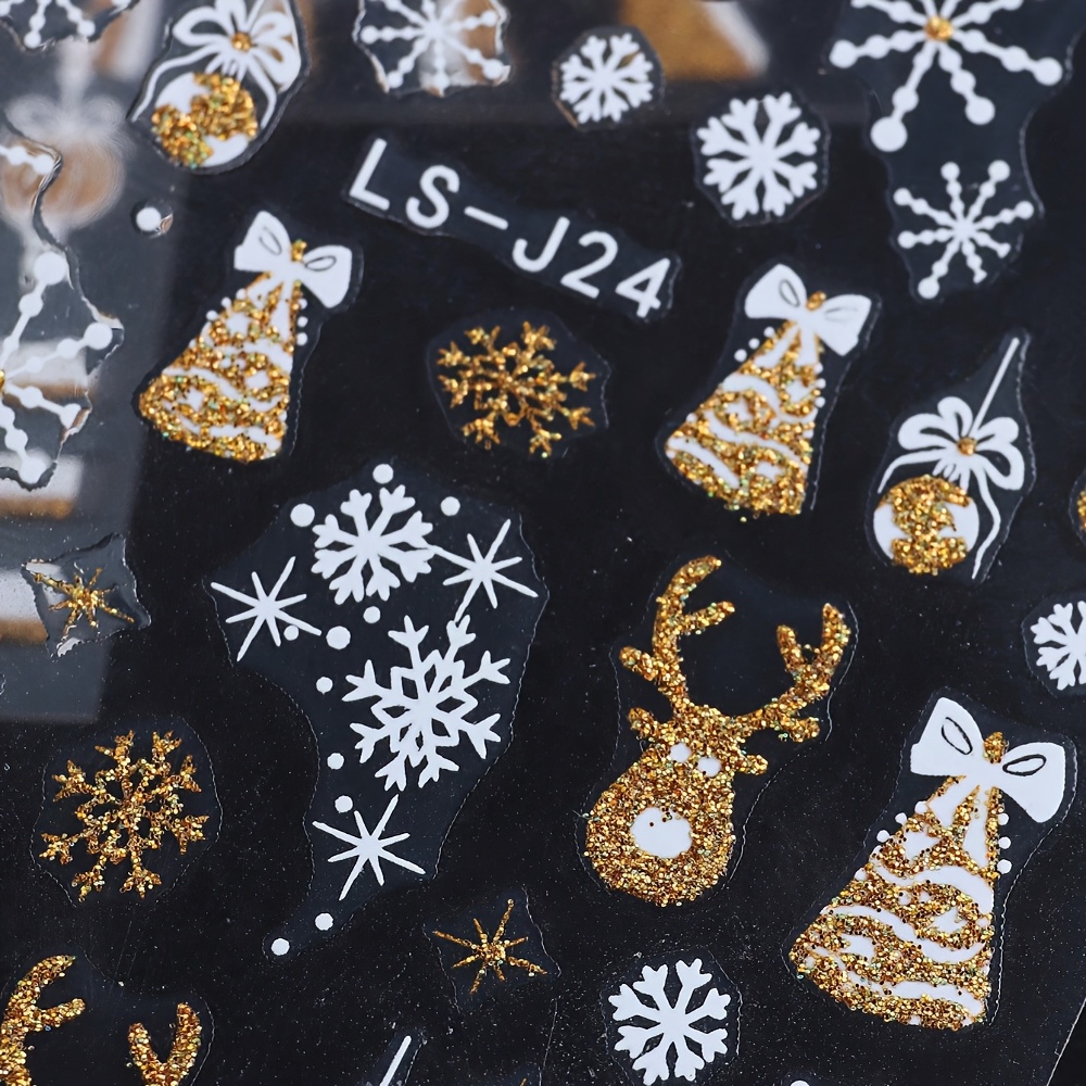 Christmas For Nail Stickers 3d Reflective Shiny Golden And Silvery Snowflake Elk Bell Decal Sliders For Nail Art Decoration