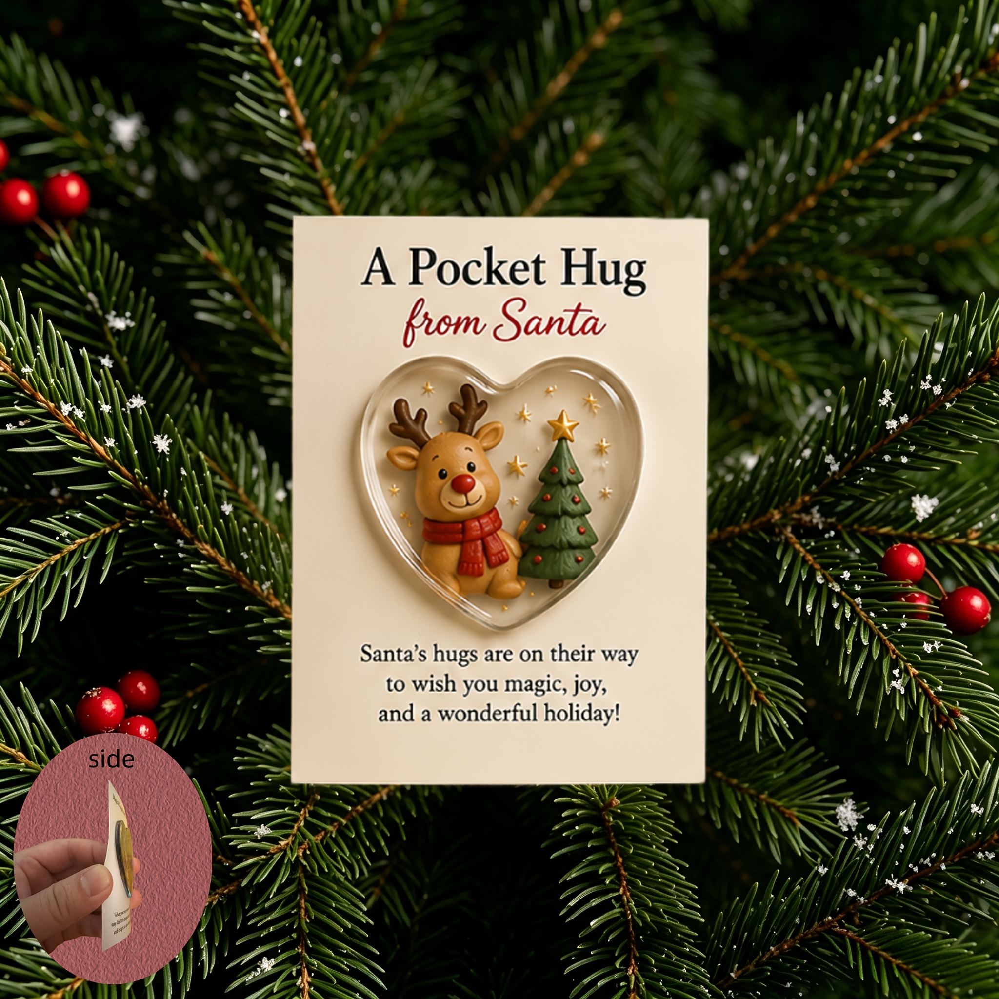 TEMU Reindeer Christmas Tree Heart Acrylic Pocket Hug Card, Christmas Commemorative Gift, Christmas Stocking Filler , For Holiday Gifting