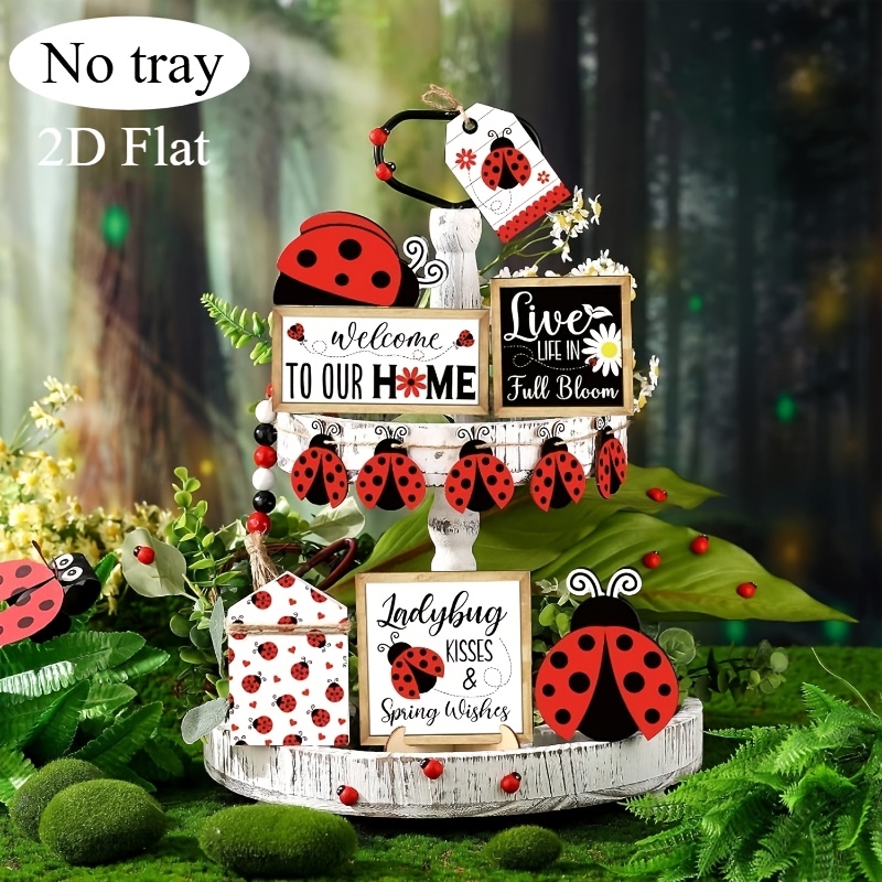 

Charm Wooden Tiered Tray Decor Set - White Daisy & Ladybug Design, Celebrations, Housewarming Gift Idea (tray Not Included)