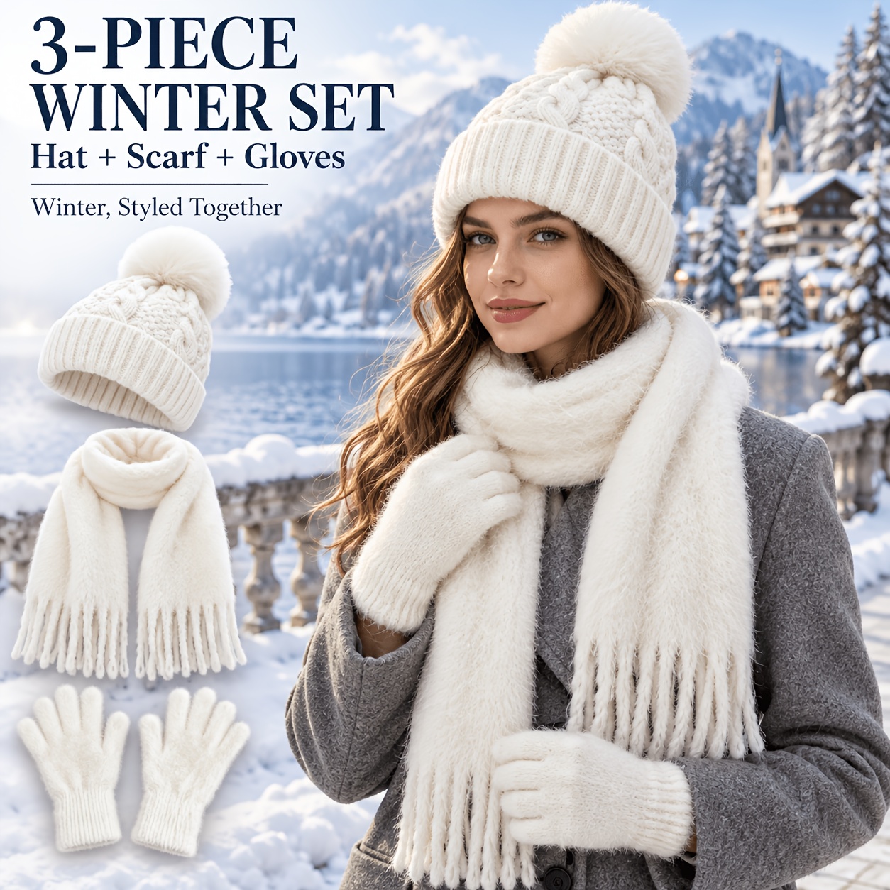 TEMU Women's Winter Cable Knit Hat, Scarf, And Gloves 3pcs Set, Ball Beanie With Lining, Long Neck Warmer, Ski Set