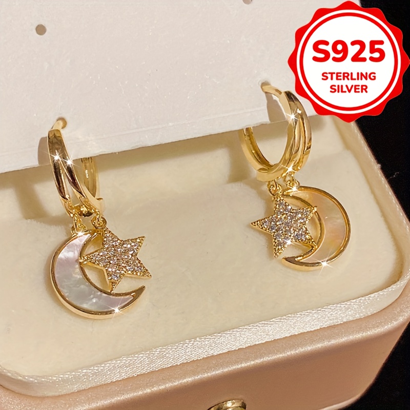 Women's S925 Silver Star and Moon Stud Earrings, Fashionable