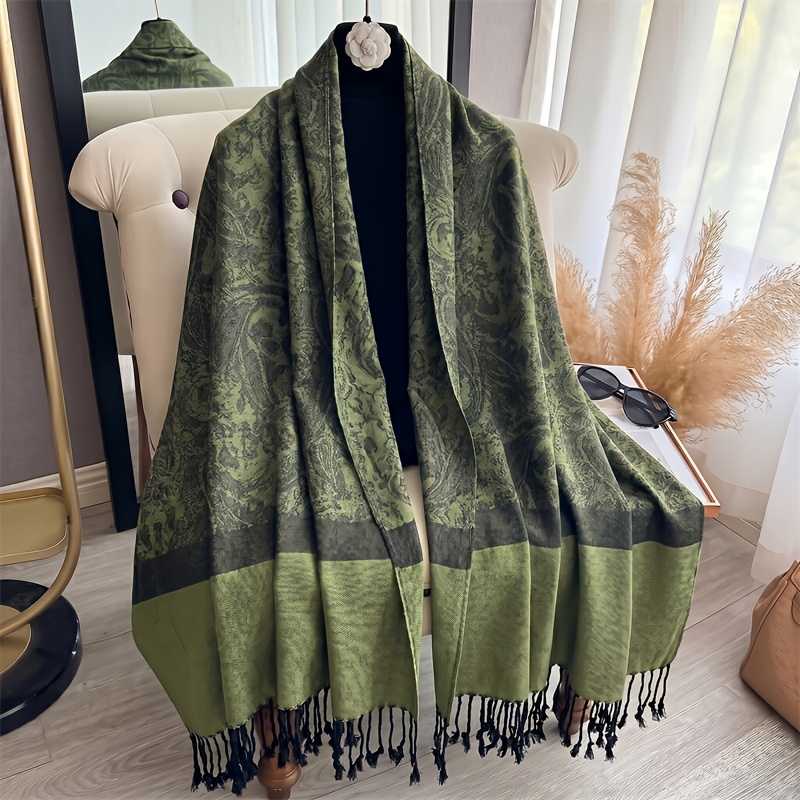TEMU Persian Bohemian Paisley Scarf - Thick Warm Soft Thick Suitable For Commuting, Outdoor & Home Nap Shawl, Olive Green Tassel Fringe Long Scarf