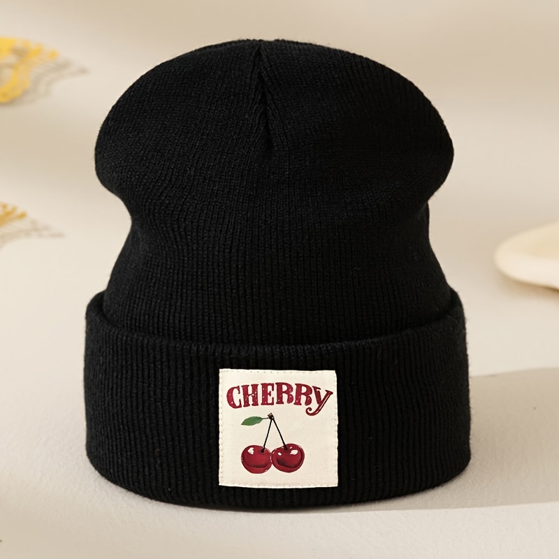 TEMU Roter Kirschetikett-Druck Damen Herbst Winter Hut Kappe Damen Doppellagige Vielseitige Amerikanische Herren und Damen Warmer Pullover Hut Warmer