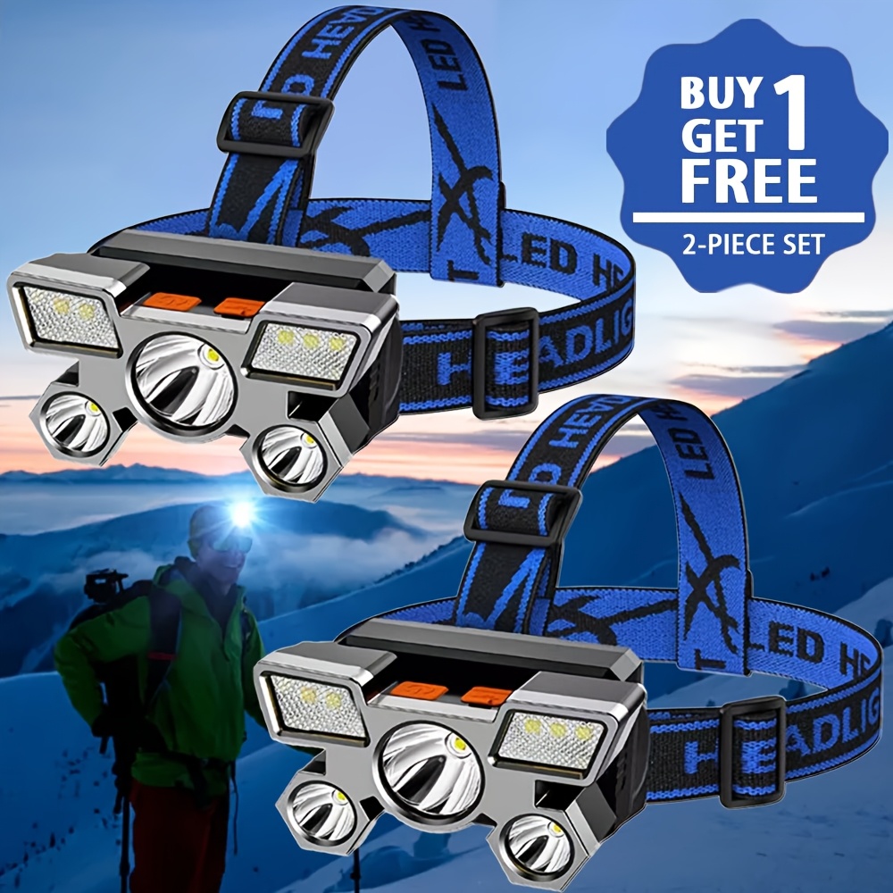 TEMU Free: 2pcs Blue Rechargeable - Flashlight With Adjustable Elastic Band. 5 Leds, 4 , Abs Material, Usb Charging - Outdoor Activities Such As