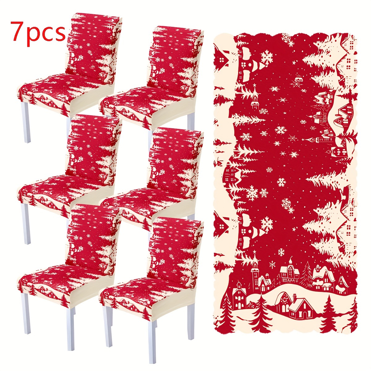 TEMU Christmas Print Tablecloth Chair Cover 7pcs Set, 1 Tablecloth + 6 Detachable And Washable Chair Cover Set Decorations, Suitable For Christmas