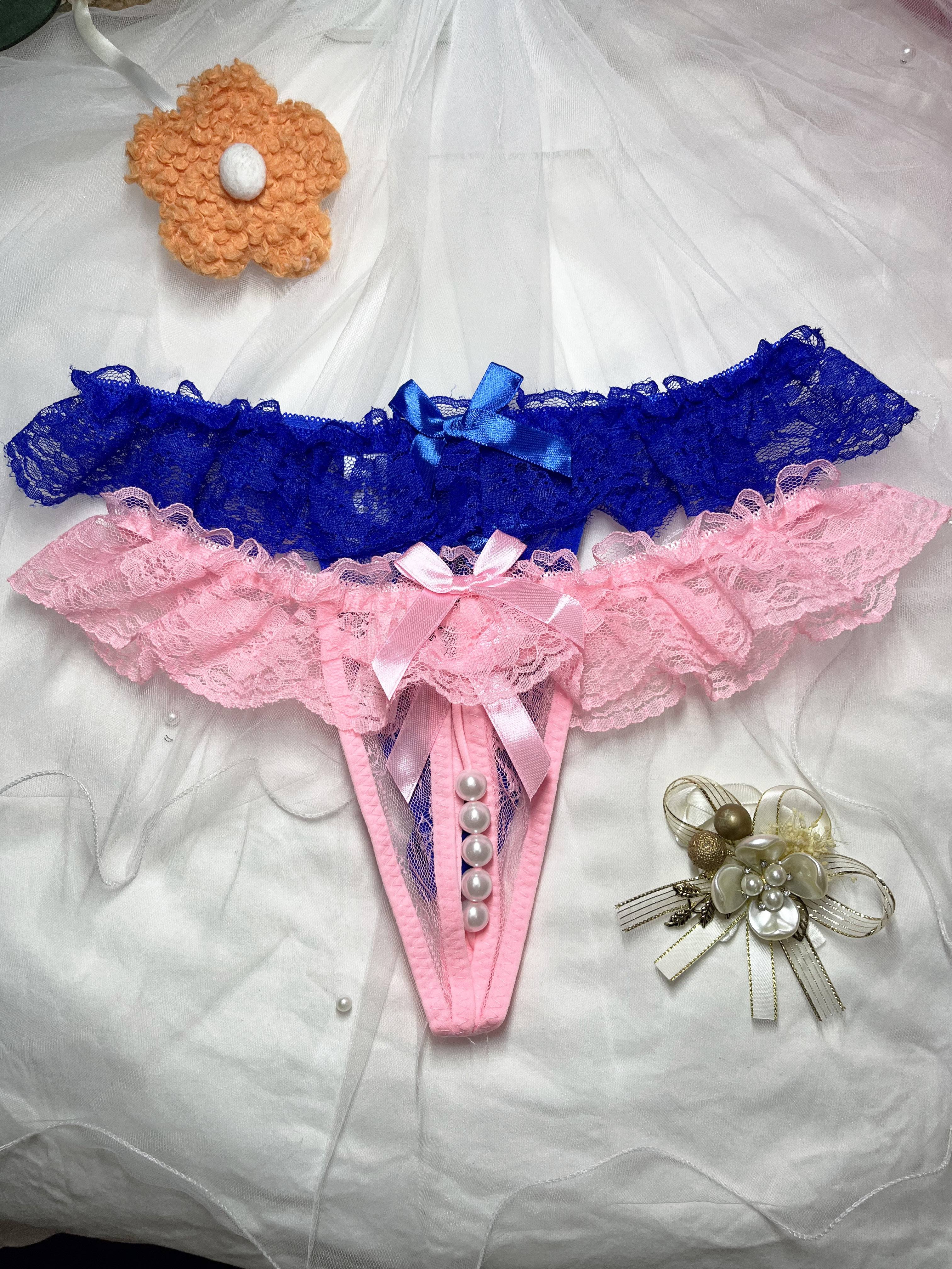 Ring Linked Bow Thongs Hollow Faux Pearl Open Crotch Panties - Temu Canada